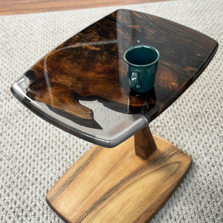 C shaped table with transparent epoxy resin inlay