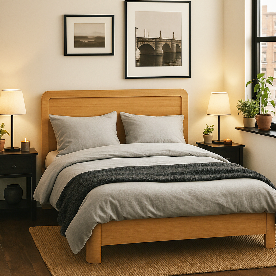 Light oak platform bed frame with a rounded headboard in a bedroom with gray bedding and two nightstands