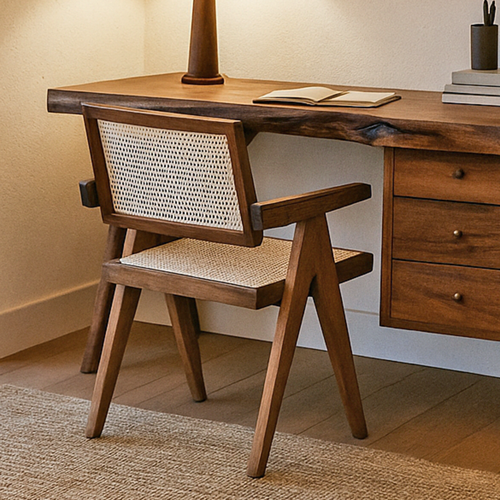 Solid walnut Chandigarh office armchair with rattan cane seat and back, Jeanneret style desk chair by UPP Home