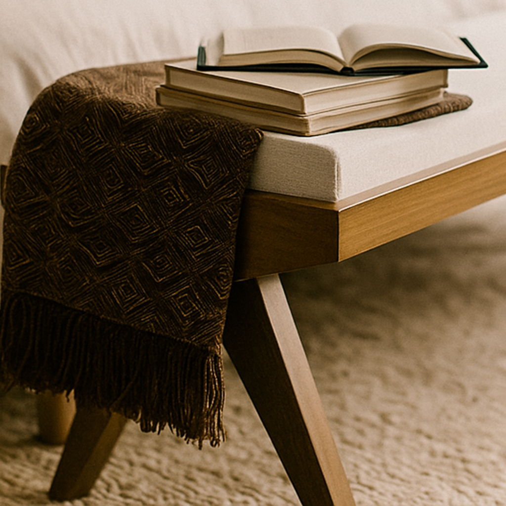 Bed bench featuring handmade walnut wood construction