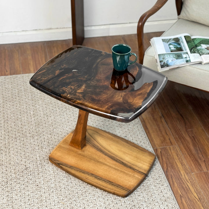 Walnut wood side table with clear epoxy river detail