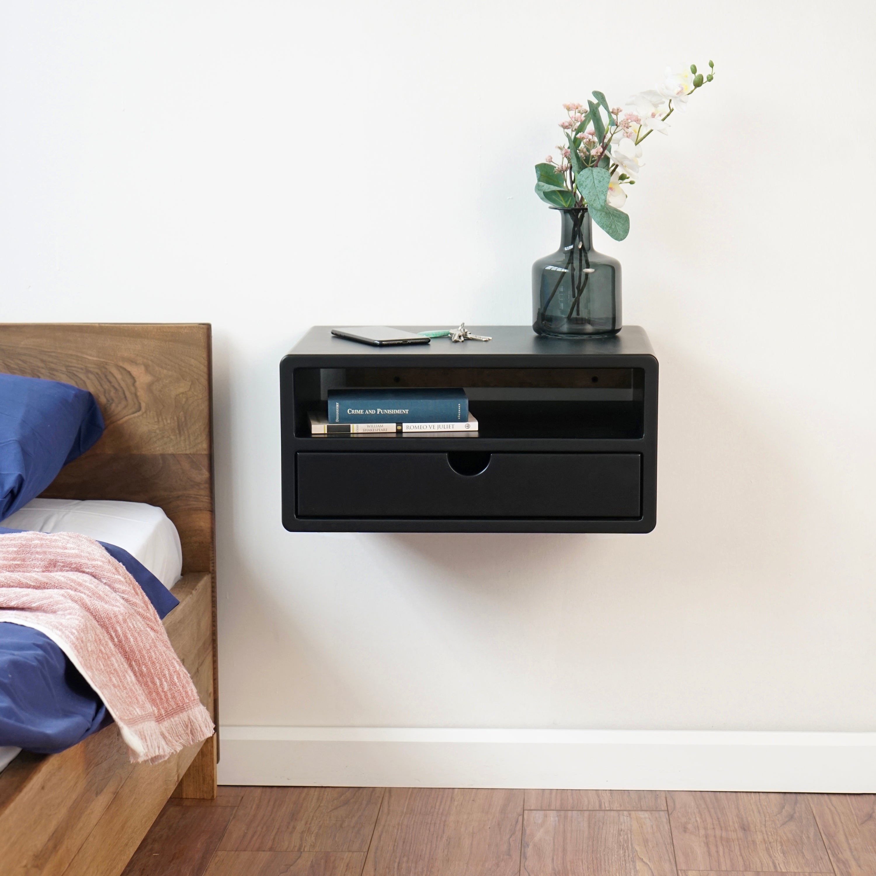 Black Floating Nightstand With Drawer and Shelf