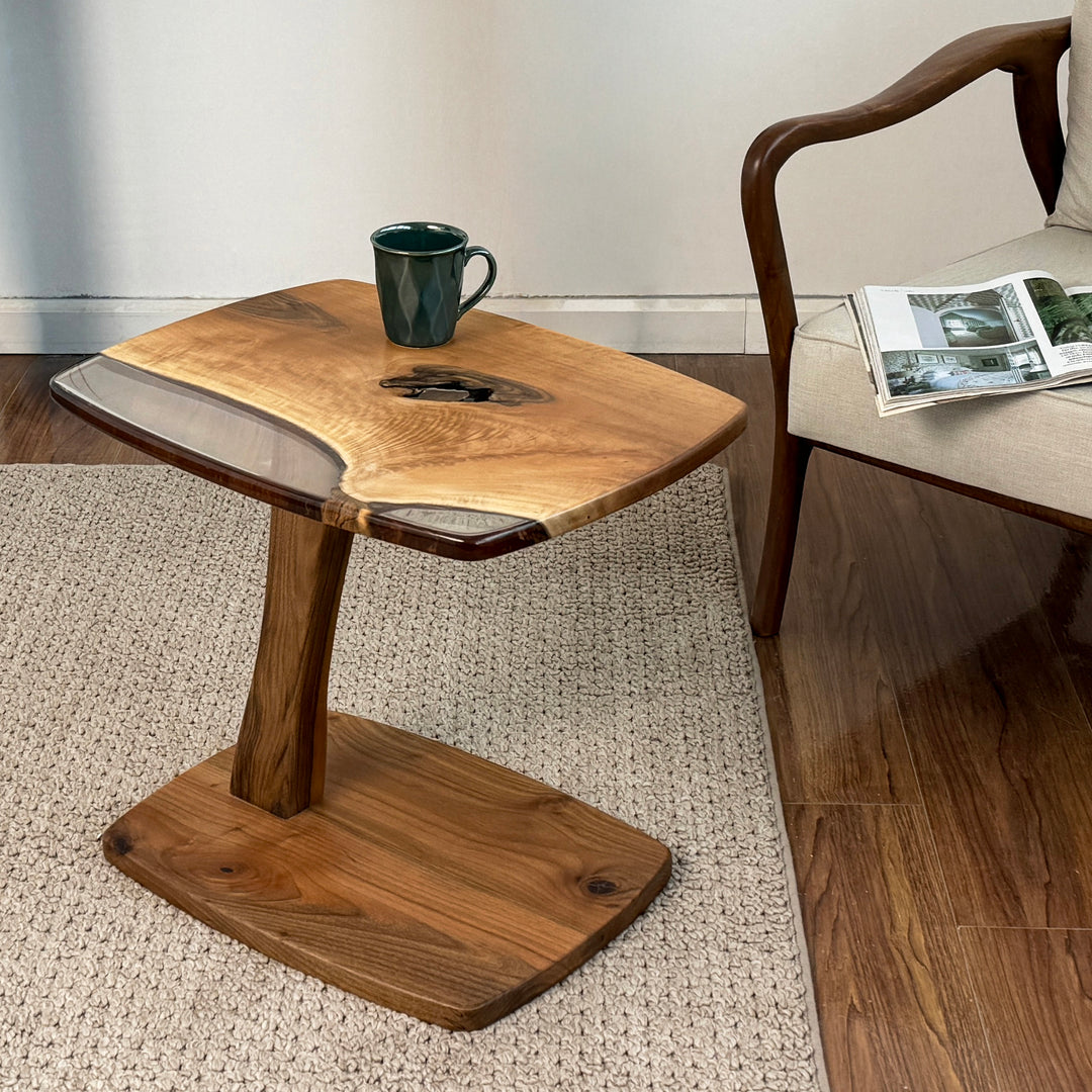C shaped walnut table for living room use