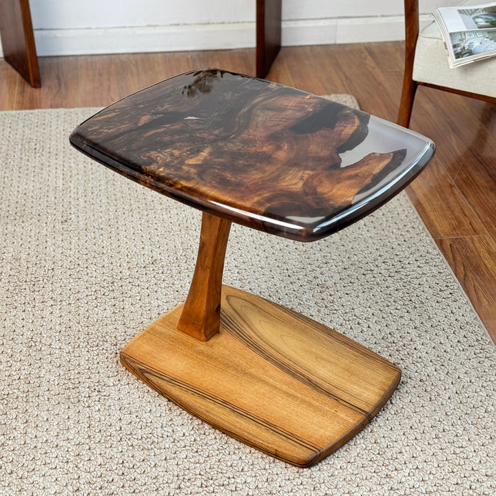 Artisan side table with clear epoxy and walnut wood