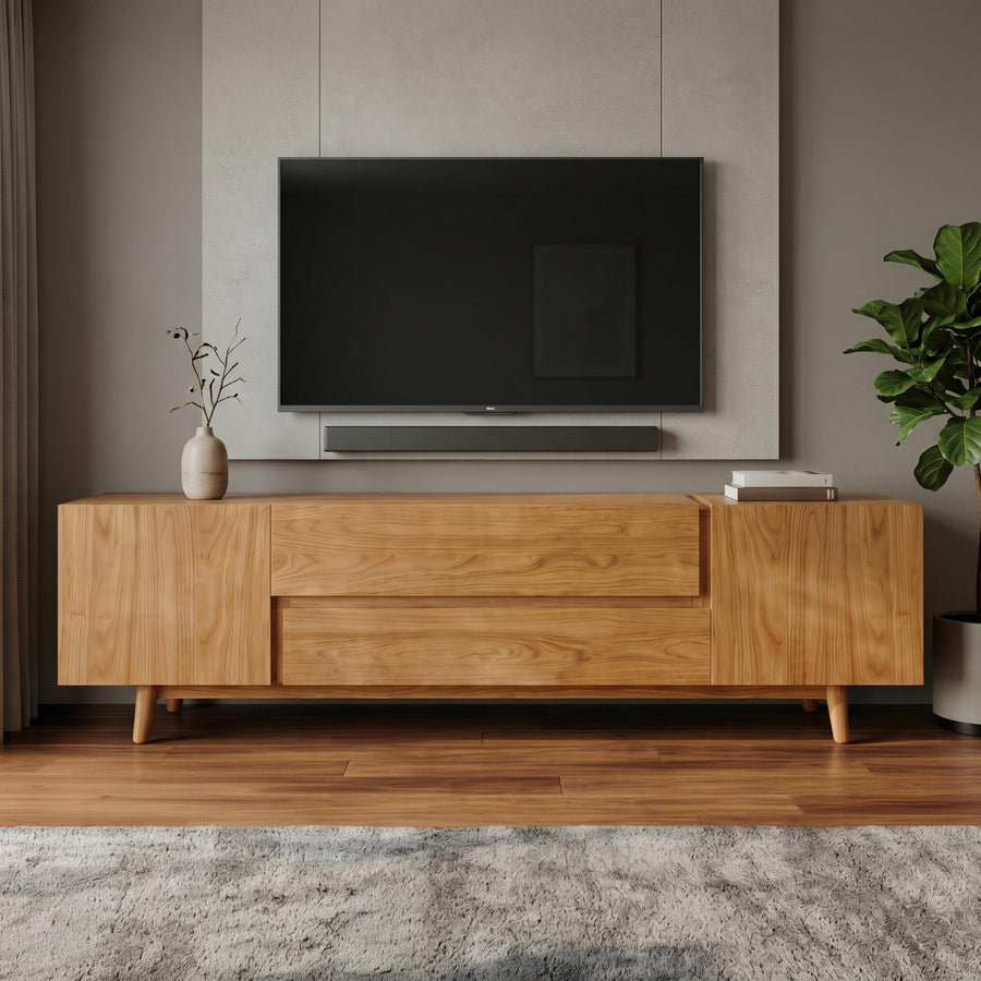 Solid chestnut media console with two drawers and side cabinets under a wall-mounted TV