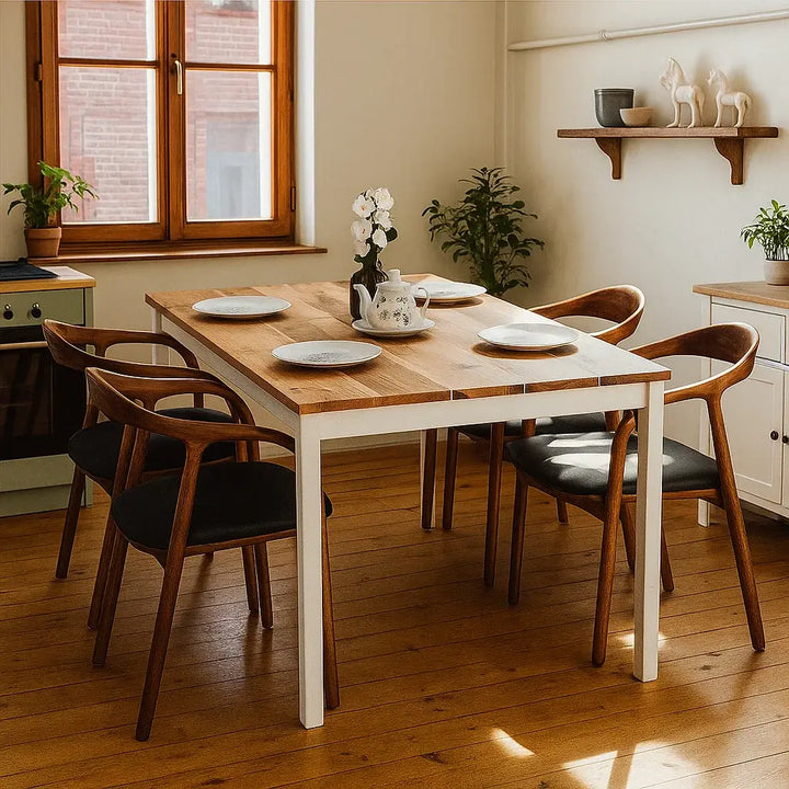 Scandinavian walnut rectangle Parson table with chairs and a lamp in a cozy dining room setting.