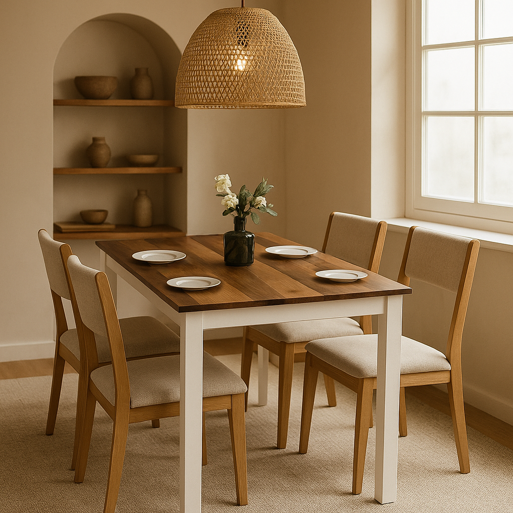 Dining room with wooden table and chairs, wicker pendant light, and window in the background.