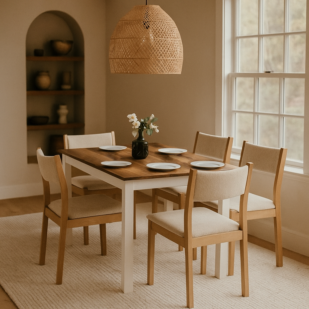 Dining room with wooden table and chairs, wicker pendant light, and large window.