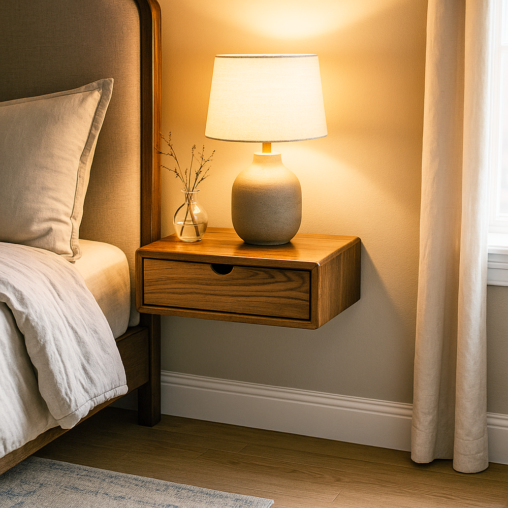 walnut floating wall mounted floating nightstand next to bed