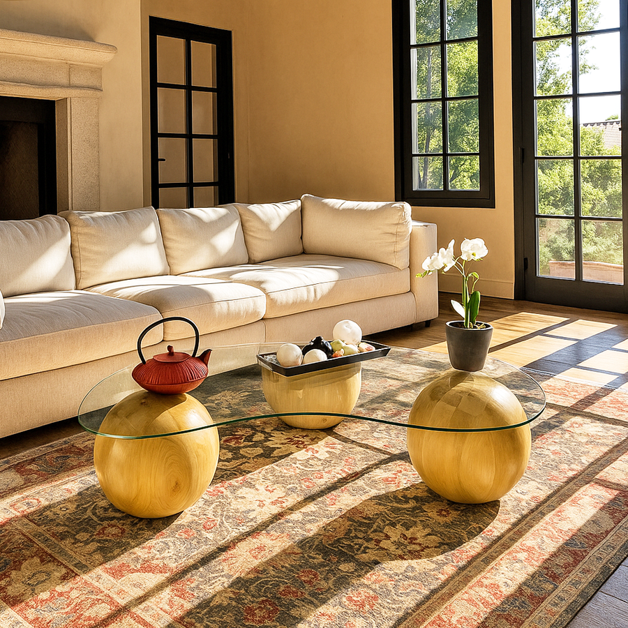 Kidney bean shaped glass coffee table on three wooden ball legs in a sunlit living room with a sofa
