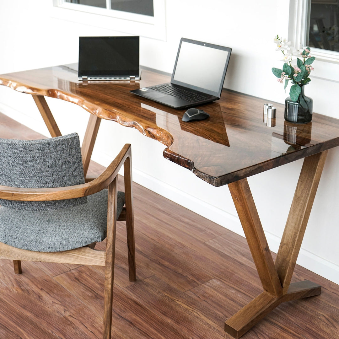 Live Edge Walnut Desk with Epoxy Details featuring a laptop on its surface, showcasing natural wood grain and craftsmanship.