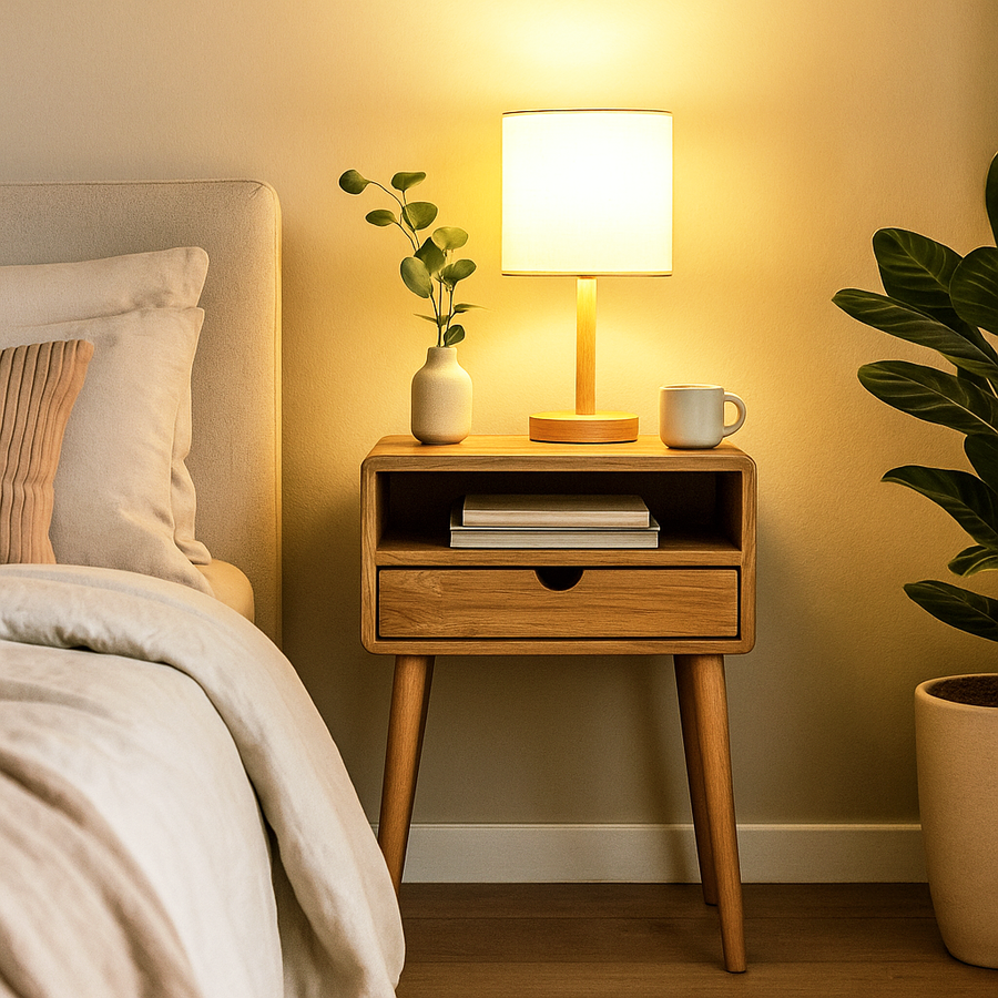 Light oak mid century nightstand with a drawer and open shelf, lit by a table lamp beside a bed