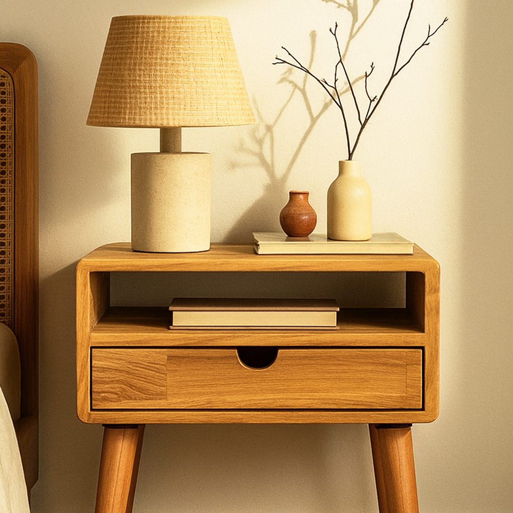 Wooden nightstand with lamp, books, and vases against a beige wall
