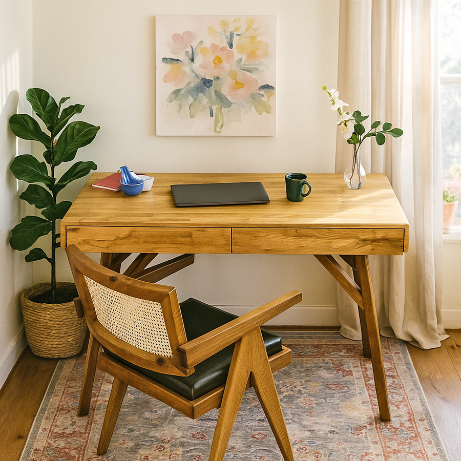 White oak writing desk with two drawers and angled legs in a bright study, a caned armchair in front