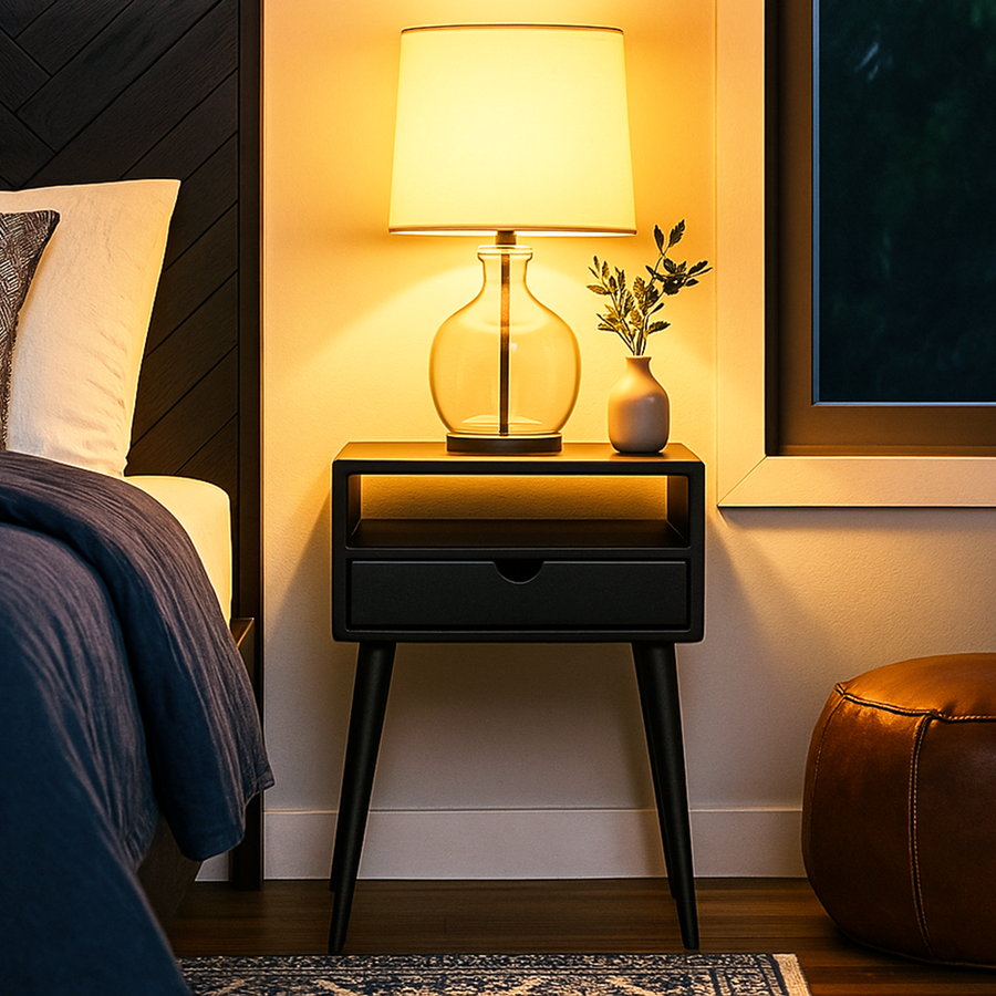 Black mid century nightstand with a drawer and open shelf beside a bed, lit by a table lamp