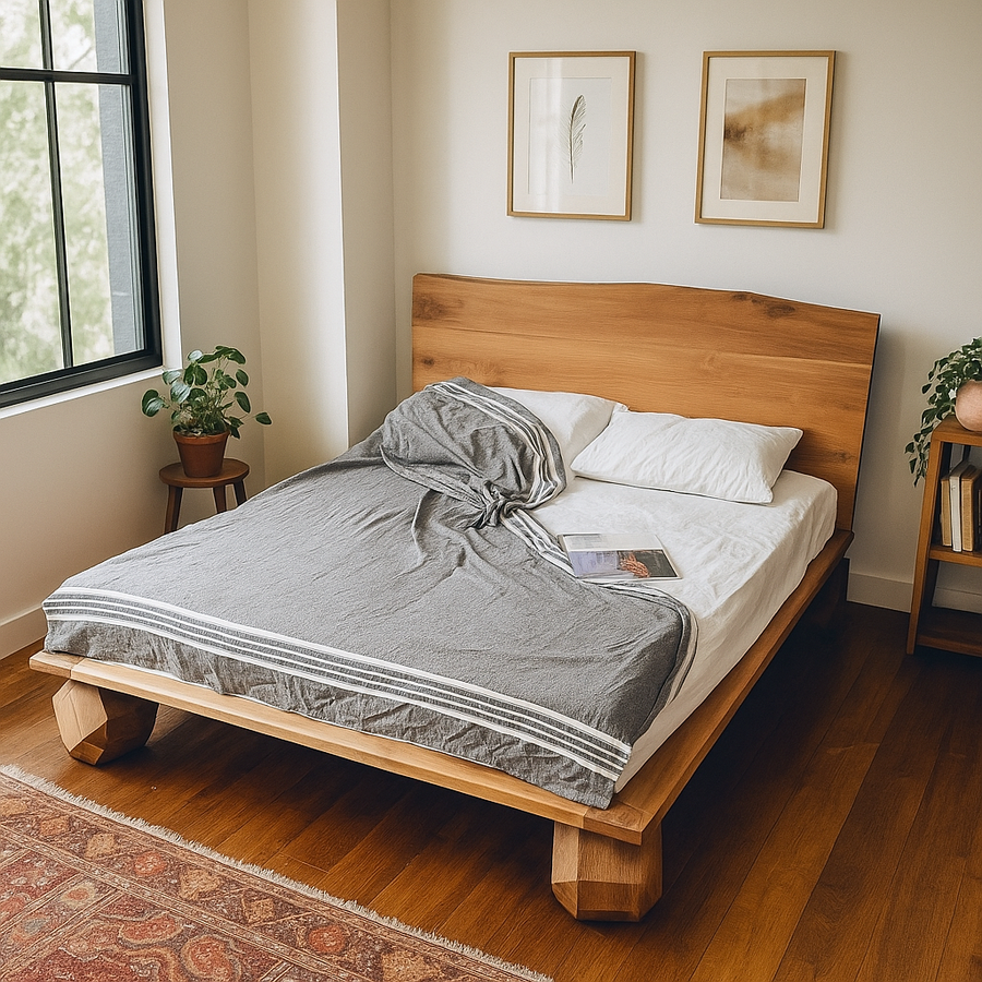 Walnut low platform bed frame with a live edge headboard on faceted block feet, with gray bedding in a bedroom
