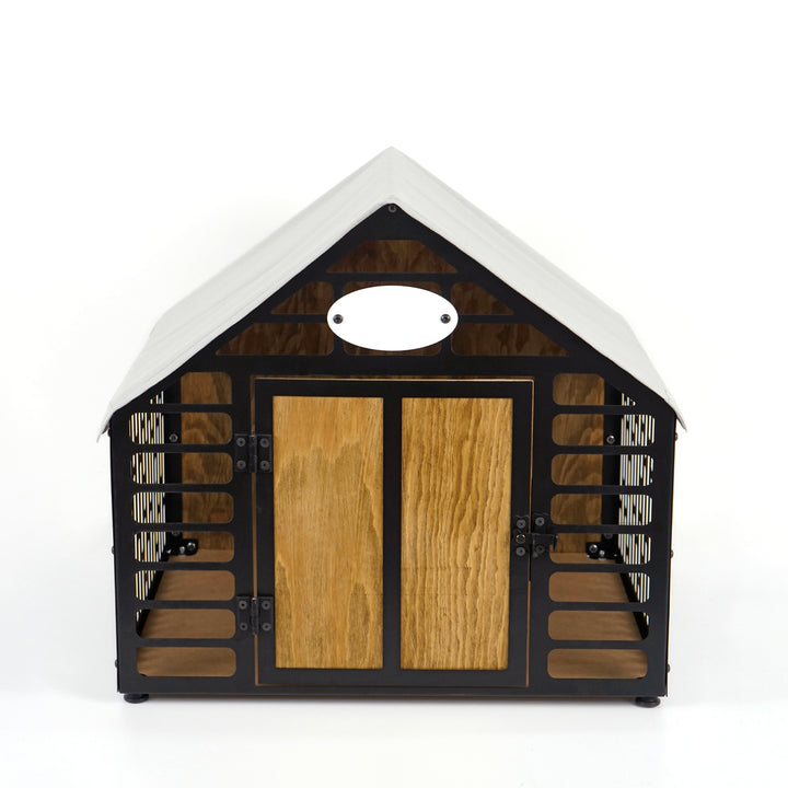 Black/Brown Pentagon Rustic Wood and Metal Dog House - UPP Home Store