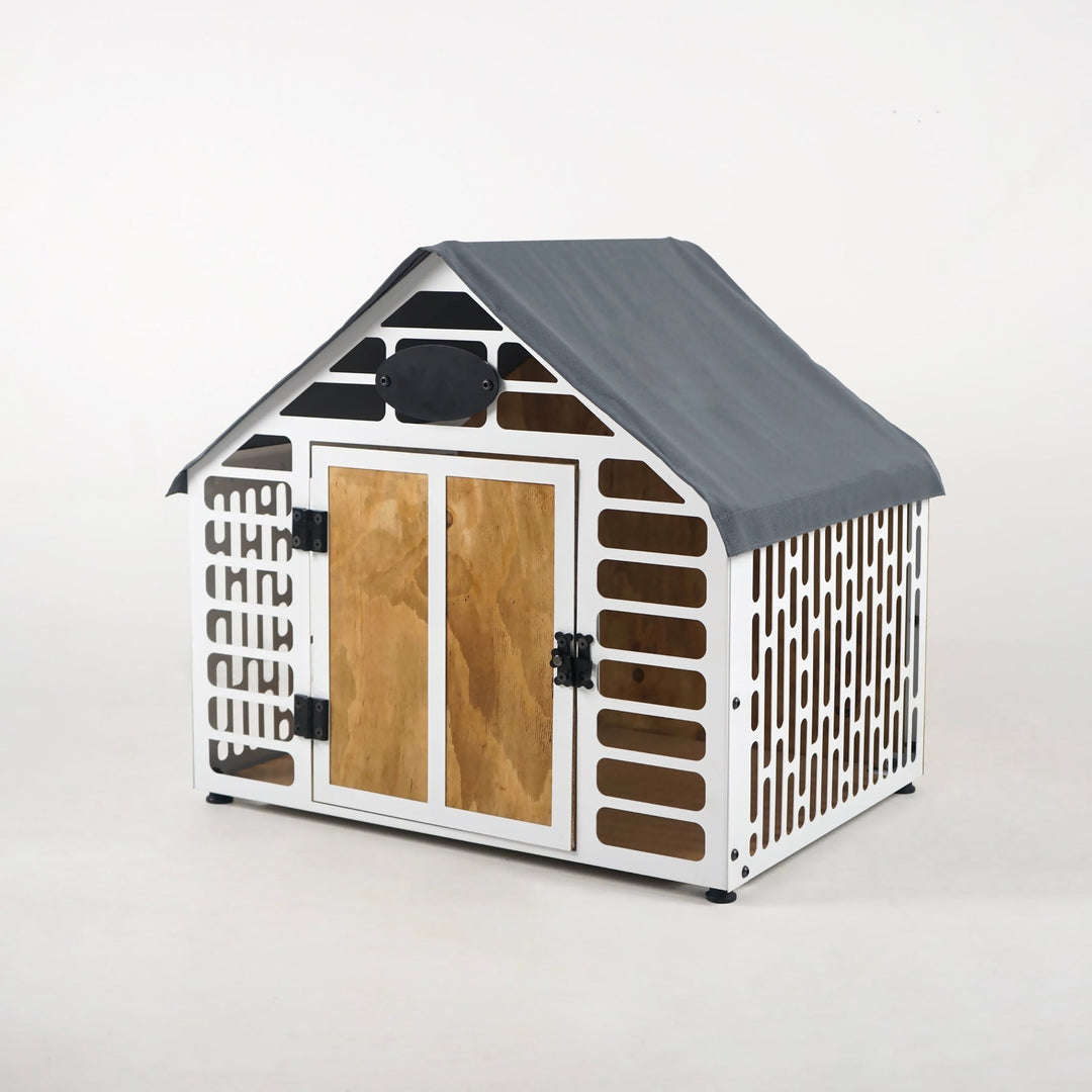 White Pentagon Rustic Wood and Metal Dog House - UPP Home Store