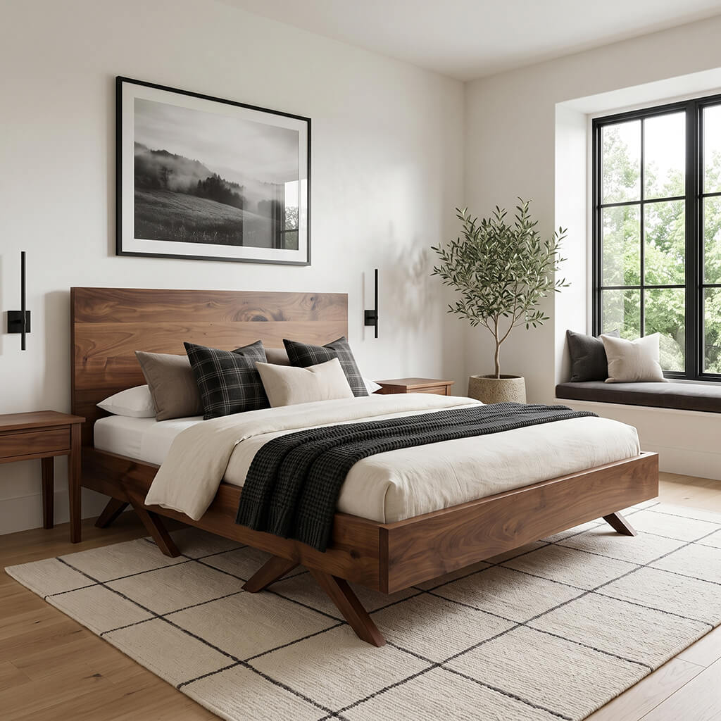 Walnut platform bed frame with a solid panel headboard and angled legs, made up with cream bedding and a black throw, walnut nightstands on both sides