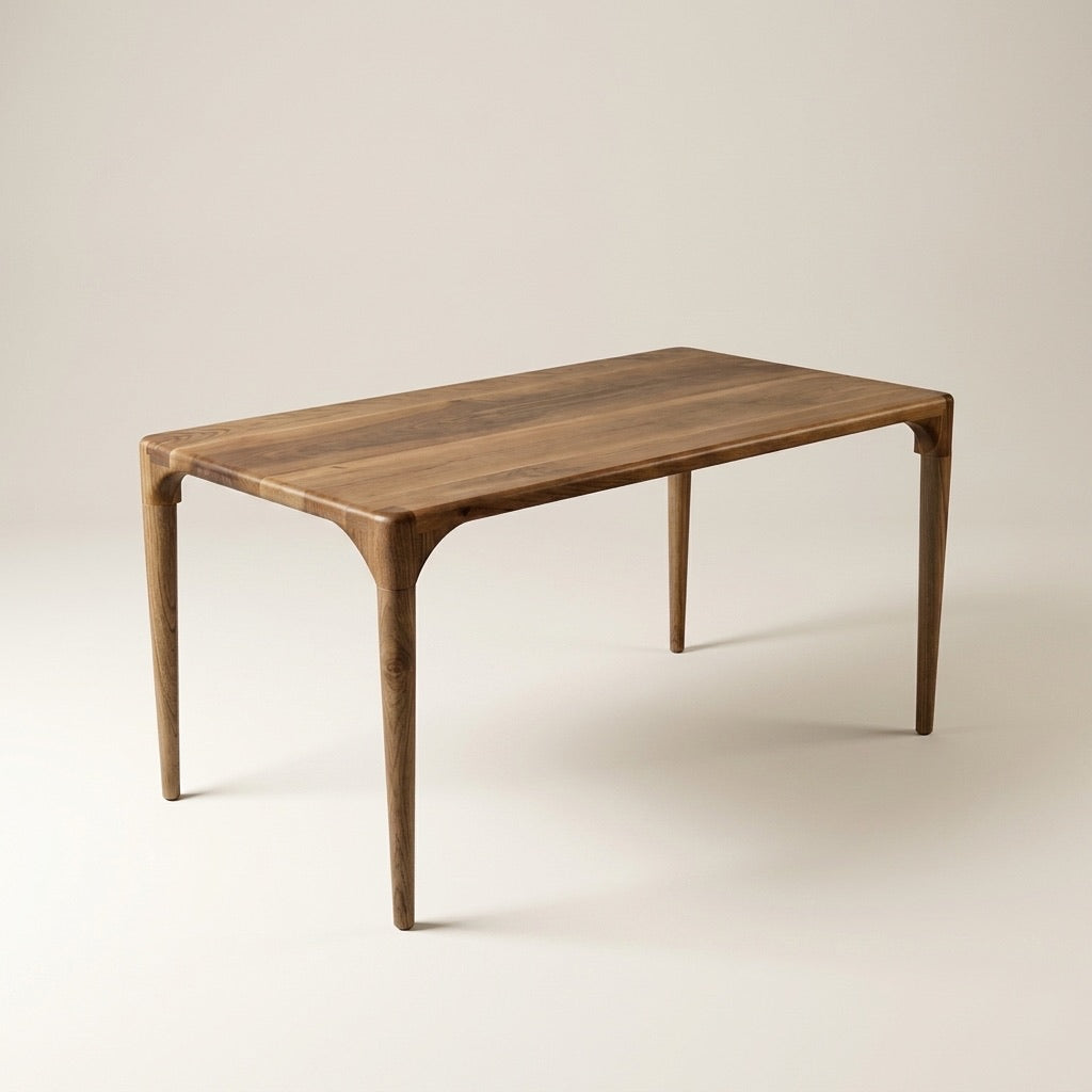 Oslo solid walnut dining table on a plain background, with tapered round legs and a smooth rounded edge