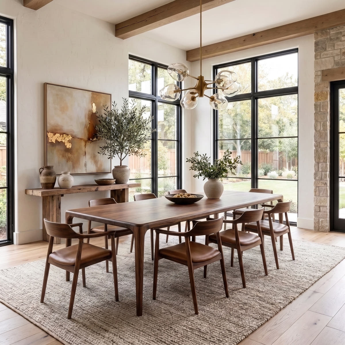 Wide view of the Oslo walnut dining table with eight chairs in a room with black-framed windows