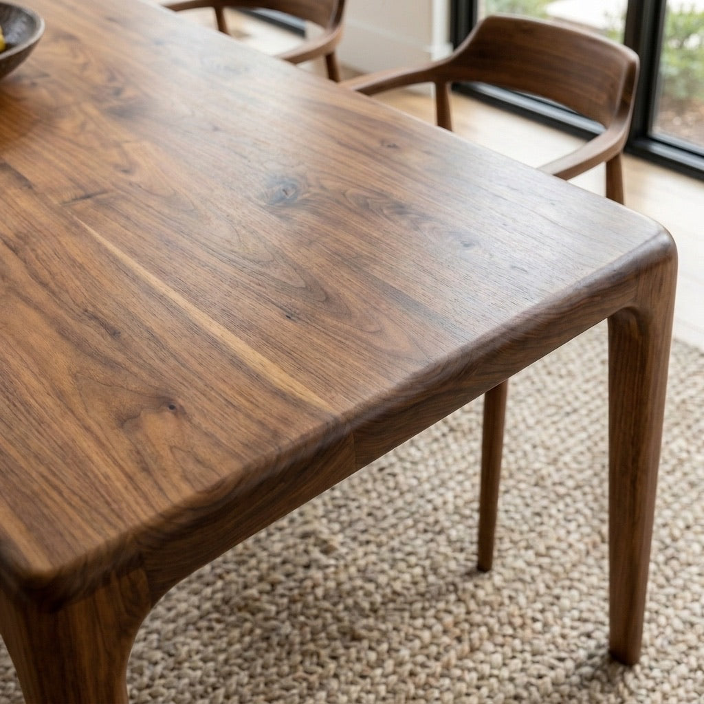 Close up of the Oslo walnut table top showing natural grain and the softly rounded edge profile