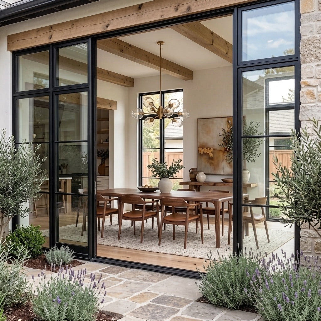 Oslo walnut dining table seen through open patio doors from a garden with lavender and olive trees