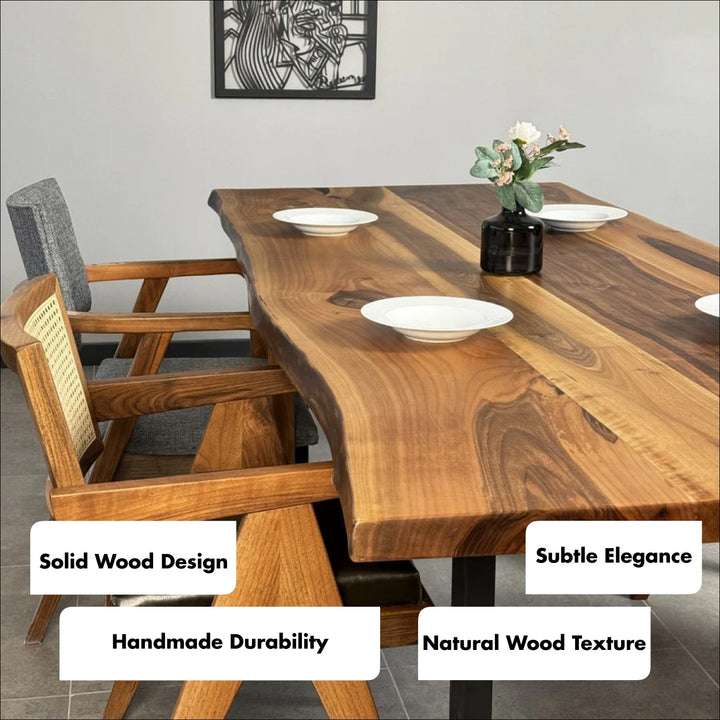 Live Edge Dining Table for 4 to 8 Persons, Walnut Wood With Metal Legs