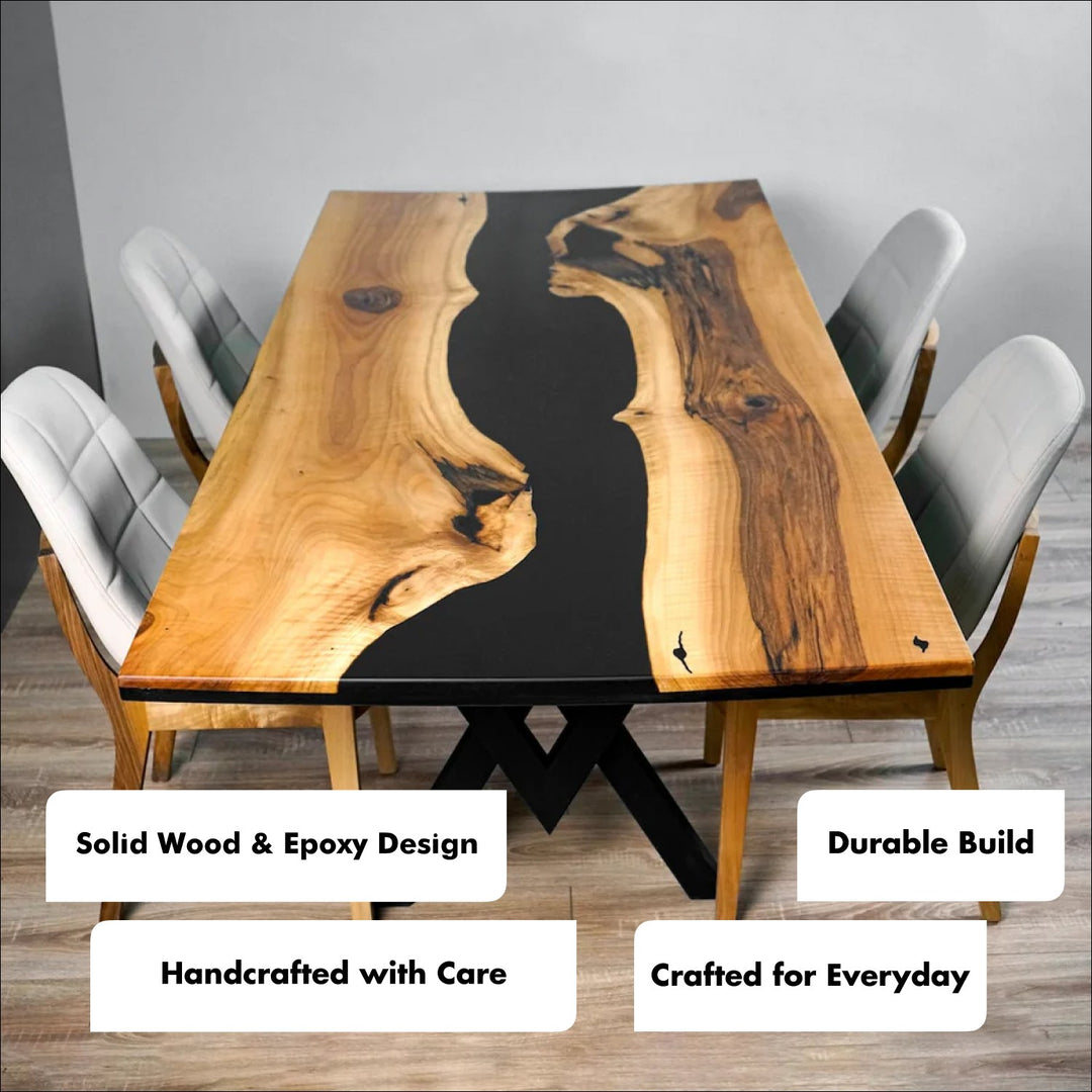 Farmhouse Dining Table - Solid Walnut Wood Black Epoxy River Handmade Table