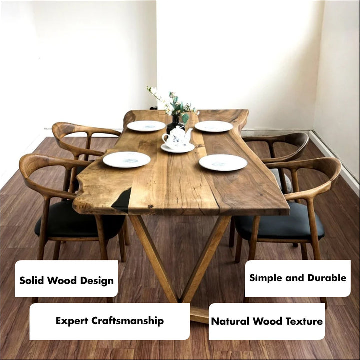 Live Edge Dining Table - Solid Walnut Farmhouse Table with Wooden Legs