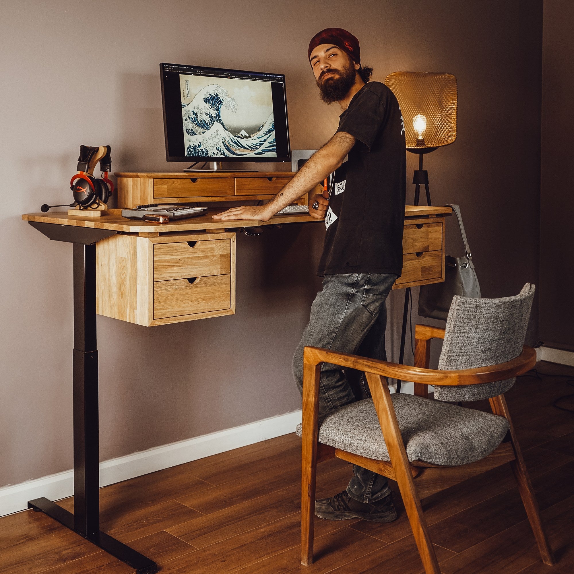 Wood standing deals desk with drawers