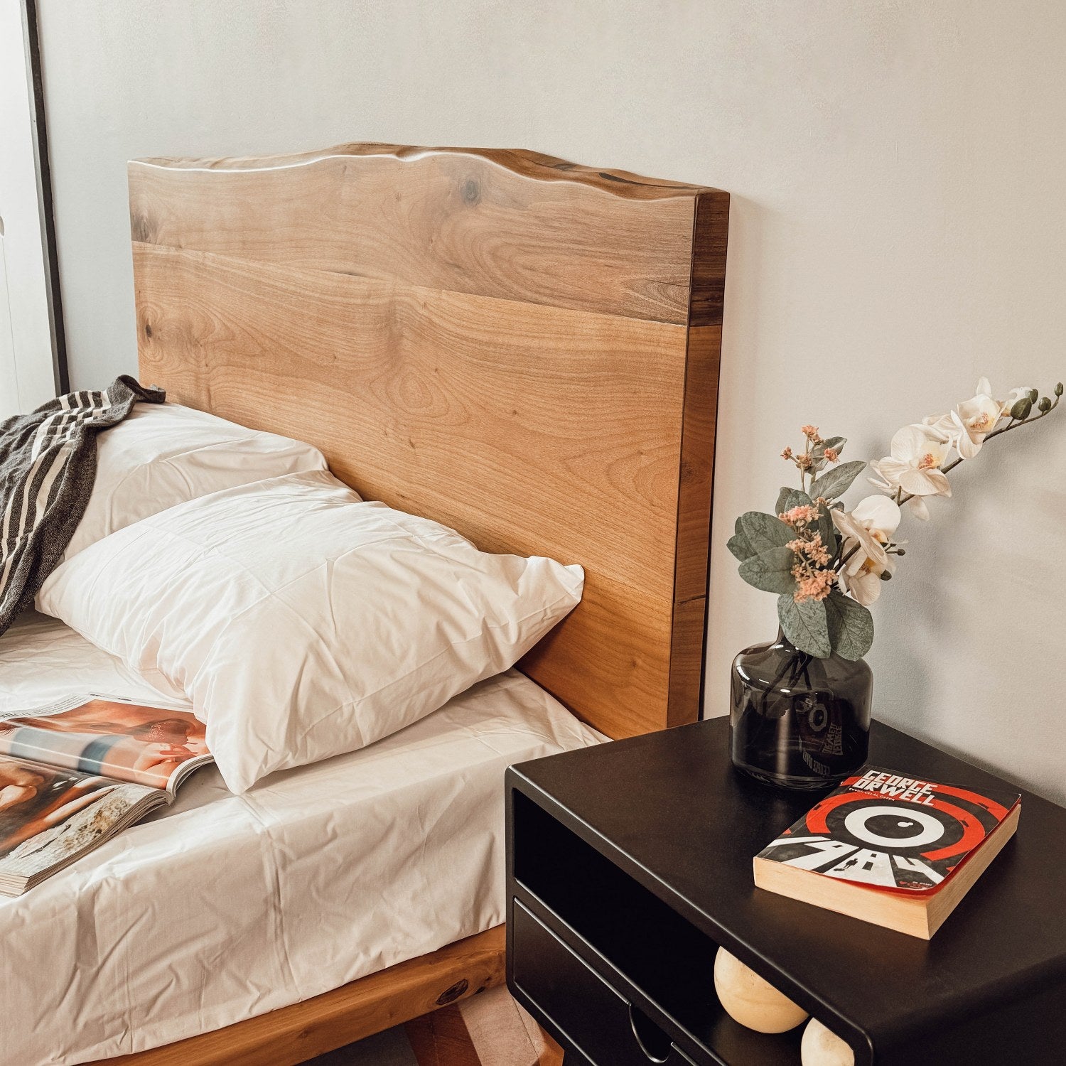 Solid Wood Bed Frame with Live Edge Headboard