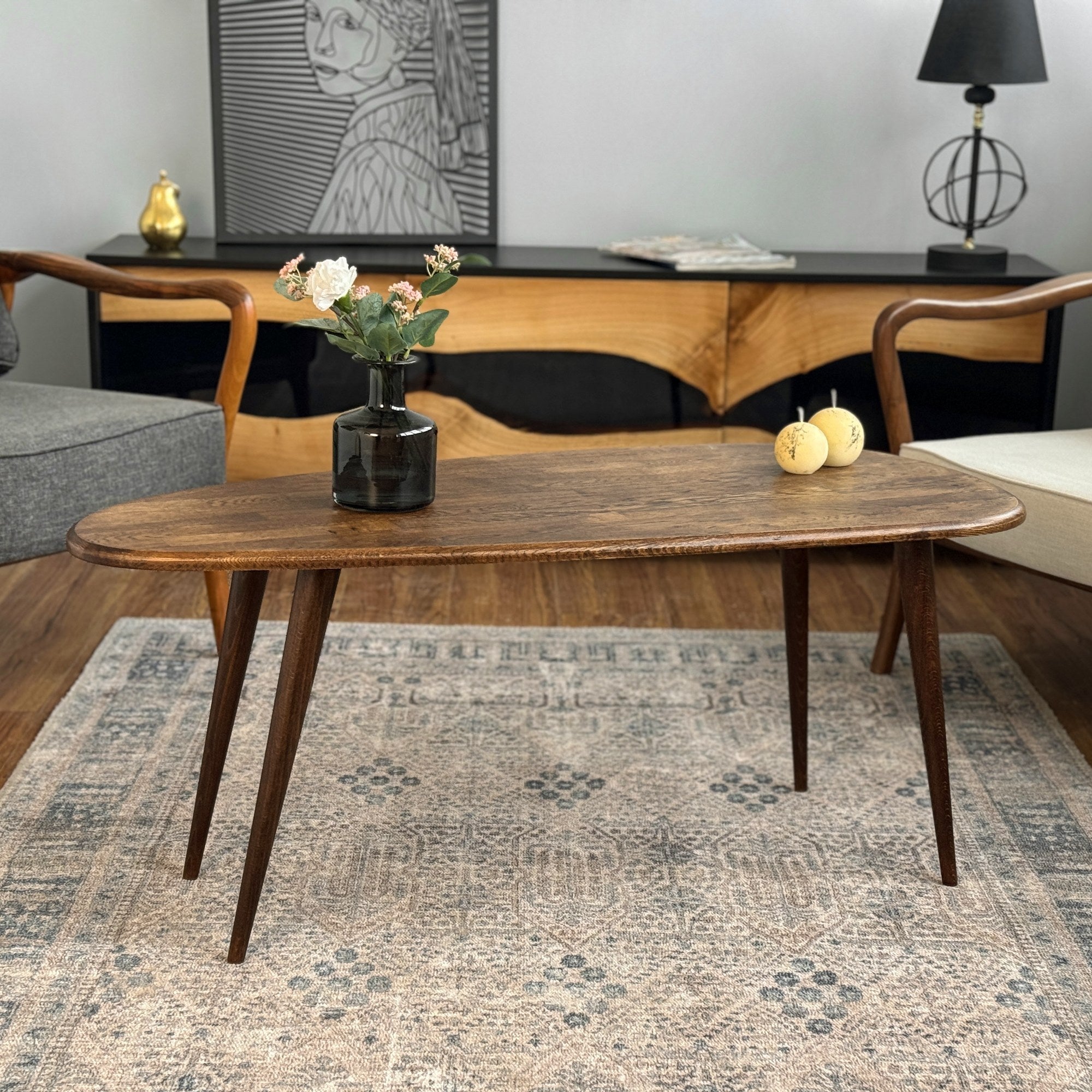 Mid Century Modern Oval Coffee Table - Solid Oak