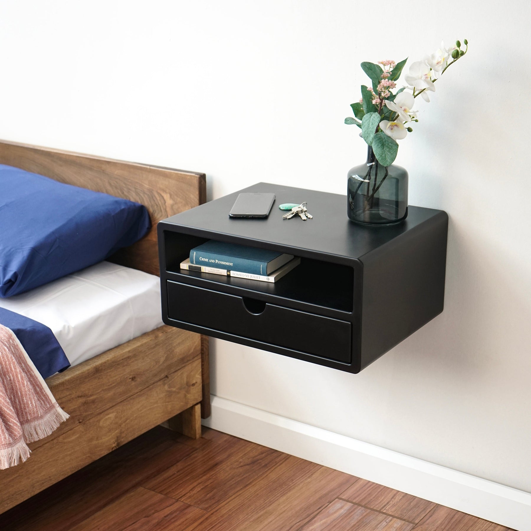 Floating Nightstand Black Floating Nightstand With Drawer and Shelf