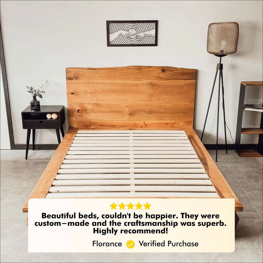 Solid Wood Bed Frame with Headboard - Low Profile Platform Bed, Handmade