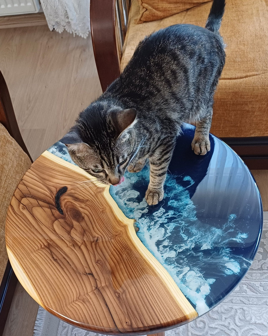 Handcrafted Round Resin Table - Oleaster Ocean Blue Epoxy Furniture