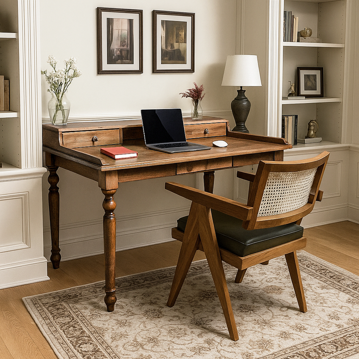 Artisan walnut wood desk featuring hand turned decorative legs