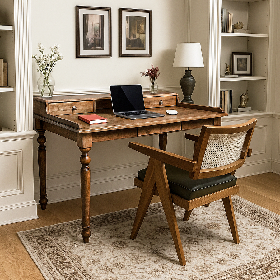 Artisan walnut wood desk featuring hand turned decorative legs