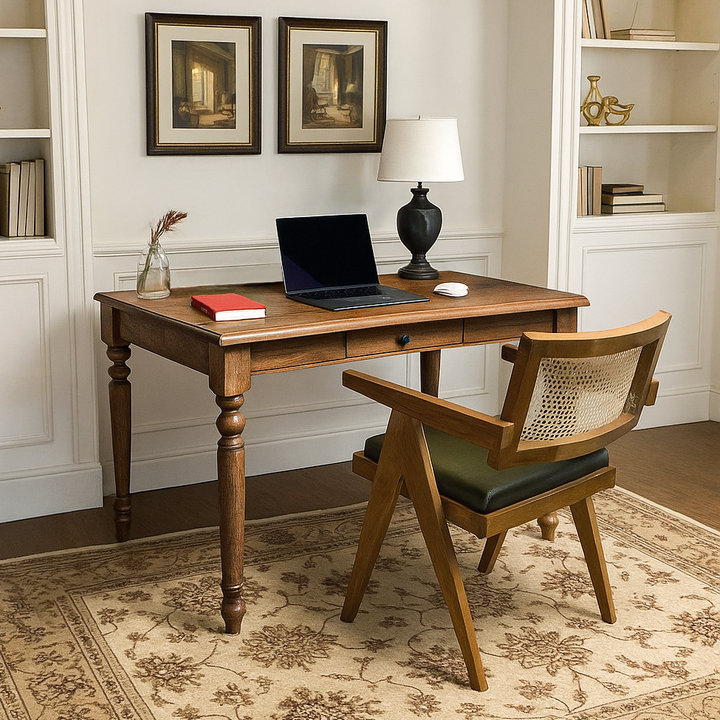 Hand turned legs detail on walnut executive office desk