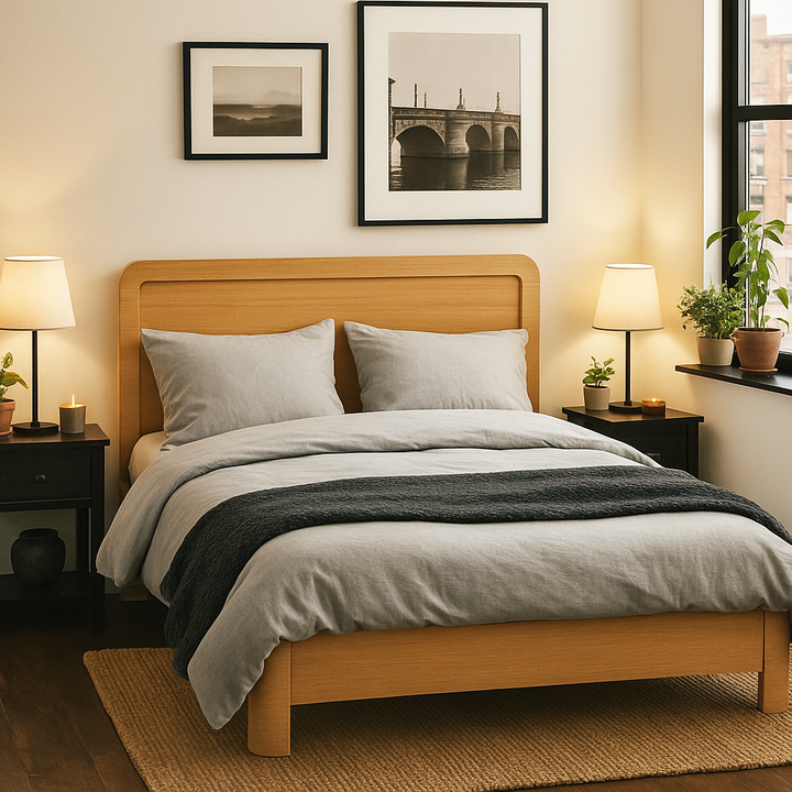 Storage bed featuring hydraulic lift mechanism and solid oak wood construction