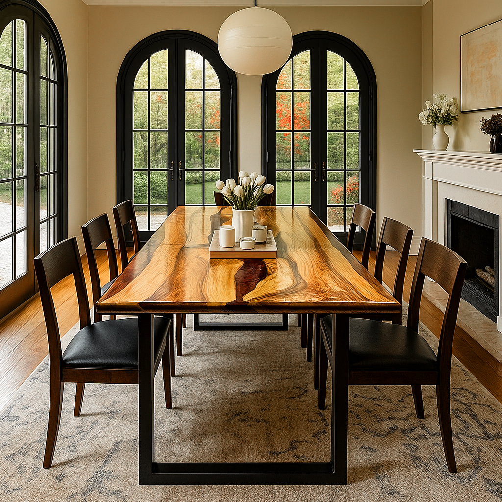 Front view of the Merlot walnut dining table with a burgundy epoxy river and black metal legs, black chairs on both sides