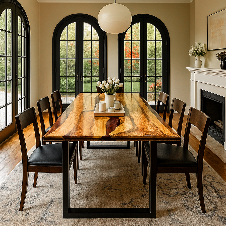 Front view of the Merlot walnut dining table with a burgundy epoxy river and black metal legs, black chairs on both sides