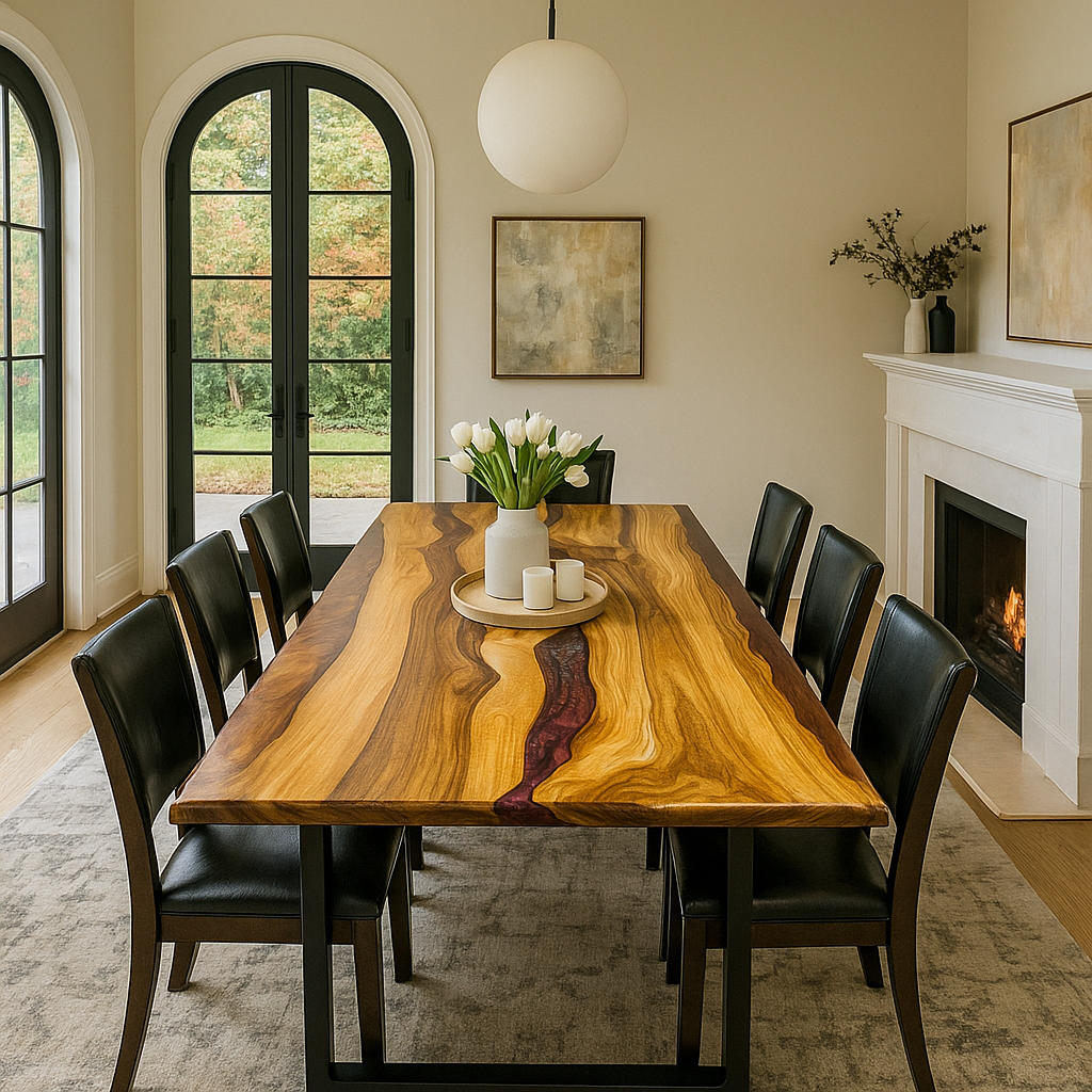 Merlot burgundy epoxy walnut dining table from the end of the room with black chairs and a fireplace behind