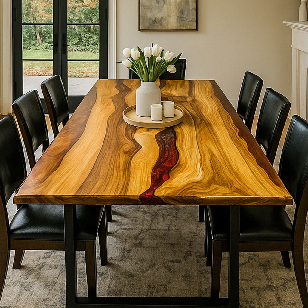 High angle of the walnut dining table's burgundy epoxy river running along its length, black chairs at the sides