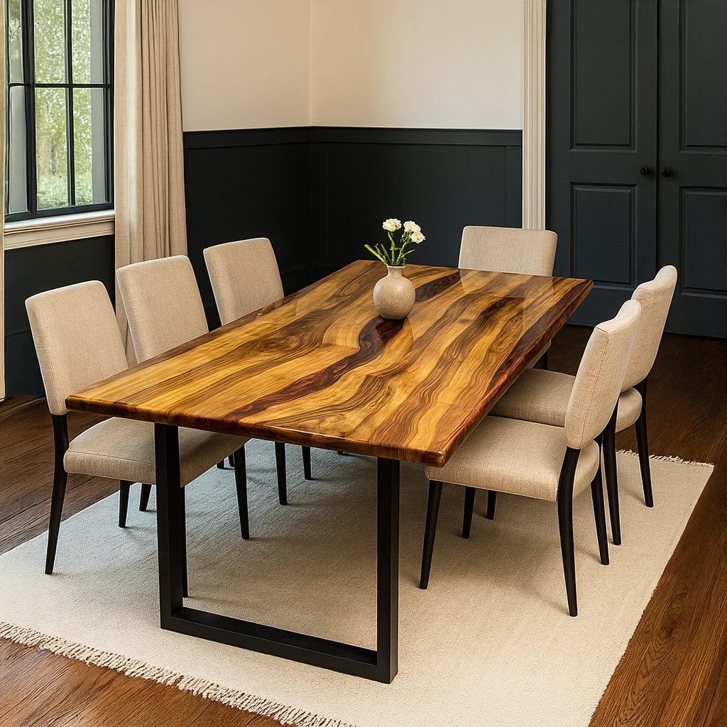 Walnut dining table with a burgundy epoxy river and black U shaped metal legs, side view with beige chairs on a cream rug