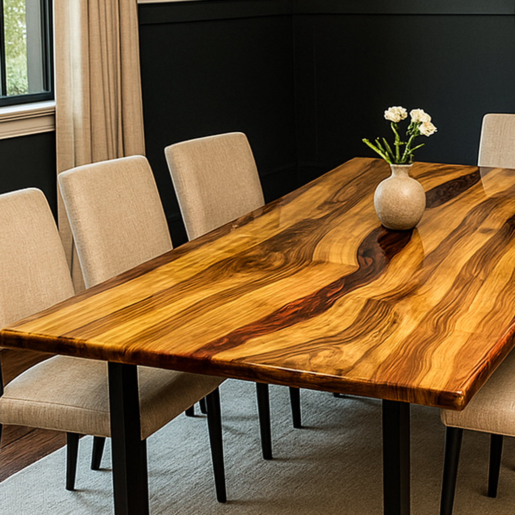 Walnut dining table with a burgundy epoxy river on metal legs, corner view with beige chairs