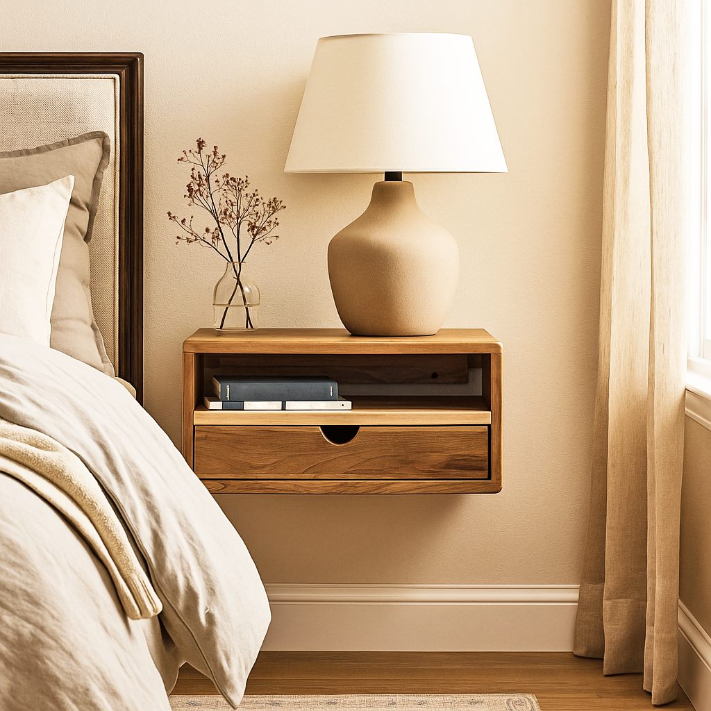 Floating walnut nightstand with shelf and drawer, front view beside a bed and a curtain, a lamp on top