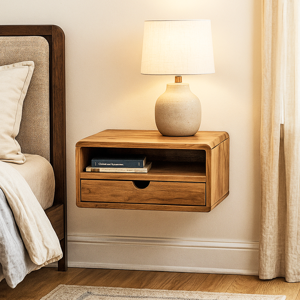 Walnut floating nightstand with drawer and open shelf, wider bedroom view with a cream lamp