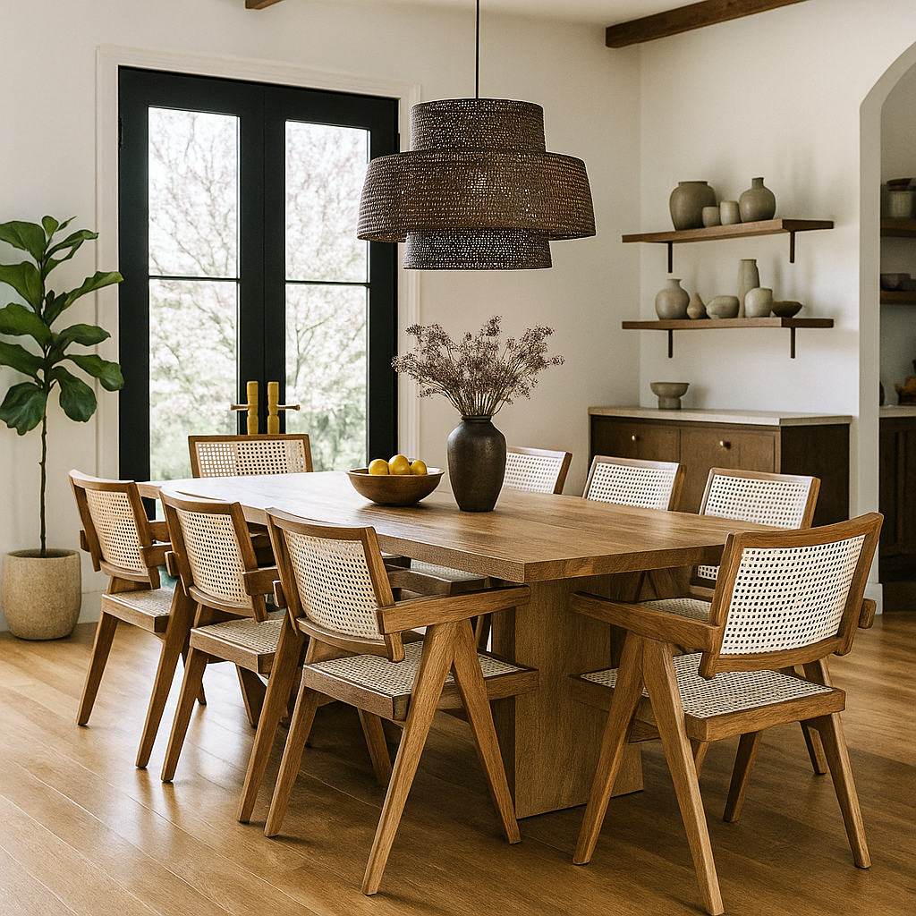 Handwoven rattan dining chair showcasing geometric walnut wood construction