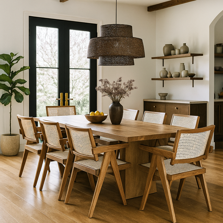 Handwoven rattan dining chair showcasing geometric walnut wood construction